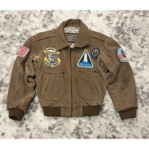 VTG Brown Suede Leather Youth Boy's Flight Bomber Space Shuttle Jacket Sz L